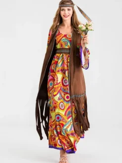 Retro Tudor Dress Costumes Orange Polyester Floral Print Marie Antoinette Costume Waistcoat Hippies Tunic 18th Century Costume Full Set