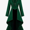Retro Tudor Dress Costumes Women's Overcoat Dark Red Stand Collar Button Up Ruffle High Low Vintage Clothing Burgundy