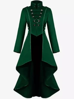 Retro Tudor Dress Costumes Women's Overcoat Dark Red Stand Collar Button Up Ruffle High Low Vintage Clothing Burgundy