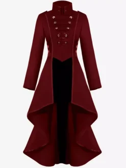 Retro Tudor Dress Costumes Women's Overcoat Dark Red Stand Collar Button Up Ruffle High Low Vintage Clothing Burgundy