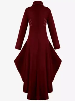 Retro Tudor Dress Costumes Women's Overcoat Dark Red Stand Collar Button Up Ruffle High Low Vintage Clothing Burgundy