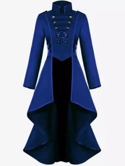 Retro Tudor Dress Costumes Women's Overcoat Dark Red Stand Collar Button Up Ruffle High Low Vintage Clothing Burgundy