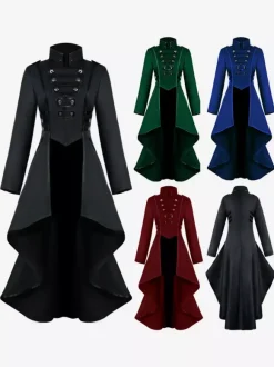 Retro Tudor Dress Costumes Women's Overcoat Dark Red Stand Collar Button Up Ruffle High Low Vintage Clothing Burgundy