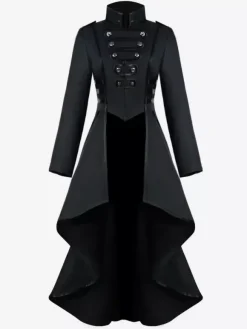 Retro Tudor Dress Costumes Women's Overcoat Dark Red Stand Collar Button Up Ruffle High Low Vintage Clothing Burgundy