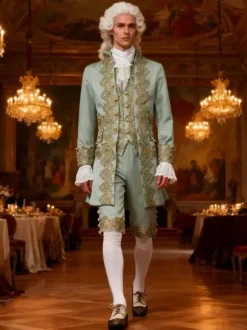 Retro Vintage Medieval Renaissance Coat Pants Outfits Prince Gentleman Embroidered Embroidery Fancy Dress Men's Royal Carnival Masquerade Party Carnival Of Veni