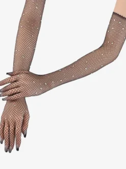 Rhinestone Mesh Arm Sleeve Bling Fishnet Long Gloves For Women