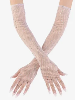 Rhinestone Mesh Arm Sleeve Bling Fishnet Long Gloves For Women