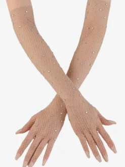 Rhinestone Mesh Arm Sleeve Bling Fishnet Long Gloves For Women