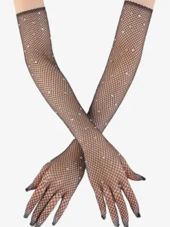 Rhinestone Mesh Arm Sleeve Bling Fishnet Long Gloves For Women