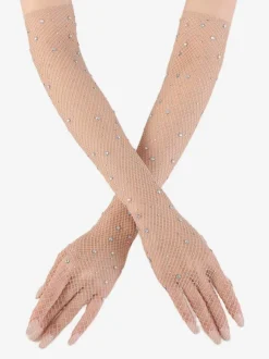 Rhinestone Mesh Arm Sleeve Bling Fishnet Long Gloves For Women