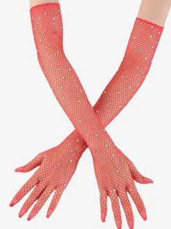 Rhinestone Mesh Arm Sleeve Bling Fishnet Long Gloves For Women