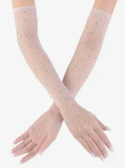 Rhinestone Mesh Arm Sleeve Bling Fishnet Long Gloves For Women