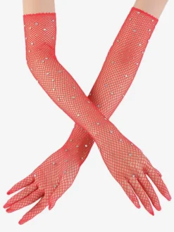 Rhinestone Mesh Arm Sleeve Bling Fishnet Long Gloves For Women