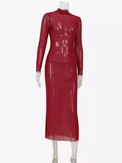 Rhinestone Mesh Maxi Dress For Women - Red Sheer High Neck Long Sleeve Bodycon Cover Up - Summer Clubwear Partywear 2026