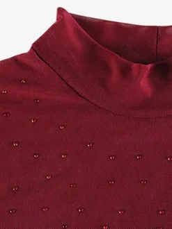 Rhinestone Mesh Maxi Dress For Women - Red Sheer High Neck Long Sleeve Bodycon Cover Up - Summer Clubwear Partywear 2026