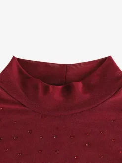 Rhinestone Mesh Maxi Dress For Women - Red Sheer High Neck Long Sleeve Bodycon Cover Up - Summer Clubwear Partywear 2026