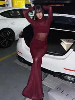 Rhinestone Mesh Maxi Dress For Women - Red Sheer High Neck Long Sleeve Bodycon Cover Up - Summer Clubwear Partywear 2026