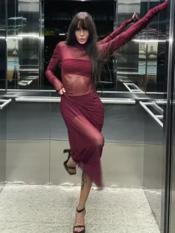 Rhinestone Mesh Maxi Dress For Women - Red Sheer High Neck Long Sleeve Bodycon Cover Up - Summer Clubwear Partywear 2026