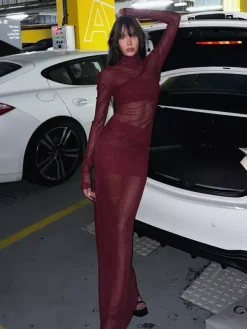 Rhinestone Mesh Maxi Dress For Women - Red Sheer High Neck Long Sleeve Bodycon Cover Up - Summer Clubwear Partywear 2026
