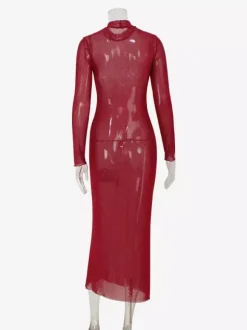Rhinestone Mesh Maxi Dress For Women - Red Sheer High Neck Long Sleeve Bodycon Cover Up - Summer Clubwear Partywear 2026