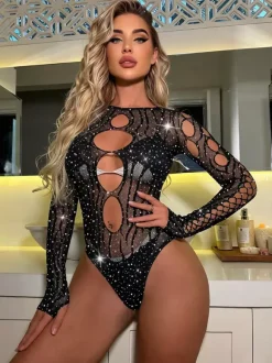 Rhinestone Fishnet Long Sleeve Bodysuit Round Neck Front Side Cutout Sheer Mesh Lingerie