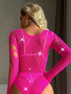 Rhinestone Fishnet Long Sleeve Bodysuit Round Neck Front Side Cutout Sheer Mesh Lingerie