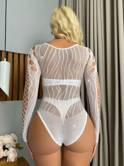 Rhinestone Fishnet Long Sleeve Bodysuit Round Neck Front Side Cutout Sheer Mesh Lingerie