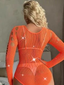 Rhinestone Fishnet Long Sleeve Bodysuit Round Neck Front Side Cutout Sheer Mesh Lingerie