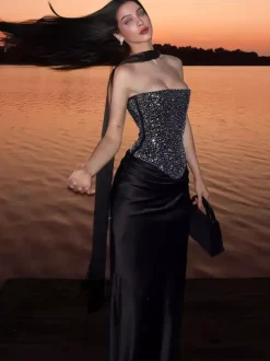 Rhinestone Lace Up Back Corset And Long Skirt Party 2-Piece Set For Women 2026