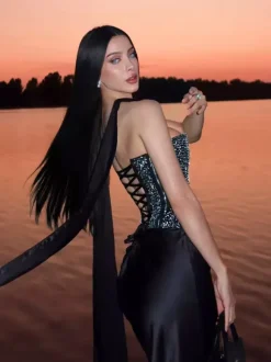 Rhinestone Lace Up Back Corset And Long Skirt Party 2-Piece Set For Women 2026