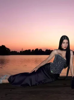 Rhinestone Lace Up Back Corset And Long Skirt Party 2-Piece Set For Women 2026