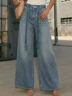 Rhinestone Wide Leg Jeans For Women - Washed Blue Y2K Belted Sparkly Straight Denim - Spring Party Night Out 2026