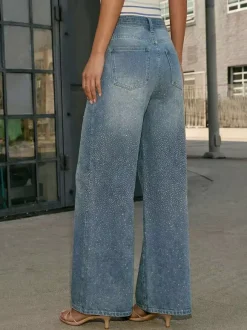 Rhinestone Wide Leg Jeans For Women - Washed Blue Y2K Belted Sparkly Straight Denim - Spring Party Night Out 2026