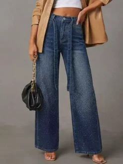 Rhinestone Wide Leg Jeans For Women - Washed Blue Y2K Belted Sparkly Straight Denim - Spring Party Night Out 2026