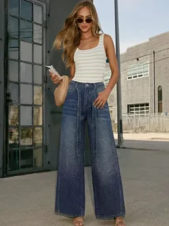 Rhinestone Wide Leg Jeans For Women - Washed Blue Y2K Belted Sparkly Straight Denim - Spring Party Night Out 2026