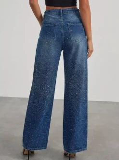 Rhinestone Wide Leg Jeans For Women - Washed Blue Y2K Belted Sparkly Straight Denim - Spring Party Night Out 2026