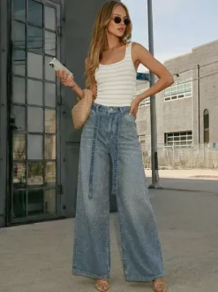Rhinestone Wide Leg Jeans For Women - Washed Blue Y2K Belted Sparkly Straight Denim - Spring Party Night Out 2026