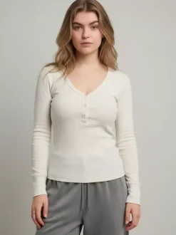 Ribbed Henley Shirt Top For Women - Casual V-Neck Long Sleeve Slim Fit Button Front Jersey Tee - Spring Daily Wear 2026