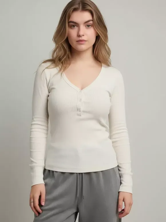Ribbed Henley Shirt Top For Women - Casual V-Neck Long Sleeve Slim Fit Button Front Jersey Tee - Spring Daily Wear 2026