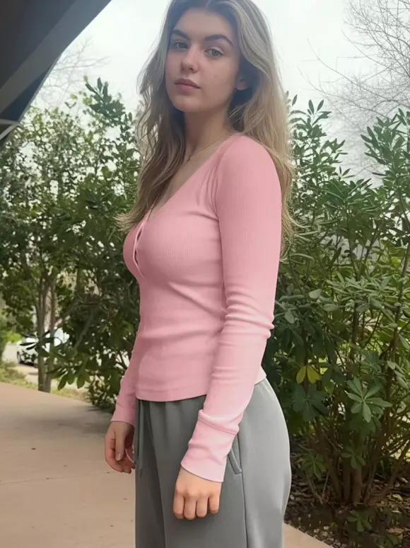 Ribbed Henley Shirt Top For Women - Casual V-Neck Long Sleeve Slim Fit Button Front Jersey Tee - Spring Daily Wear 2026