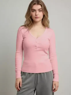 Ribbed Henley Shirt Top For Women - Casual V-Neck Long Sleeve Slim Fit Button Front Jersey Tee - Spring Daily Wear 2026