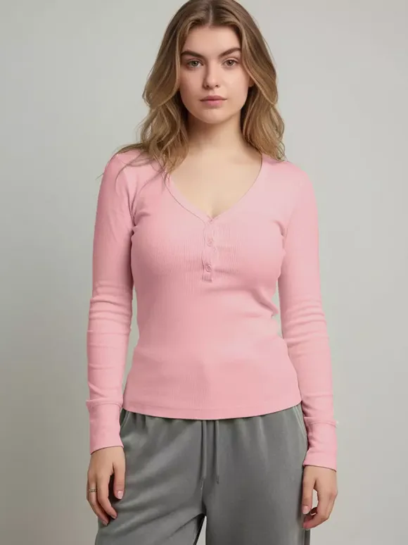 Ribbed Henley Shirt Top For Women - Casual V-Neck Long Sleeve Slim Fit Button Front Jersey Tee - Spring Daily Wear 2026