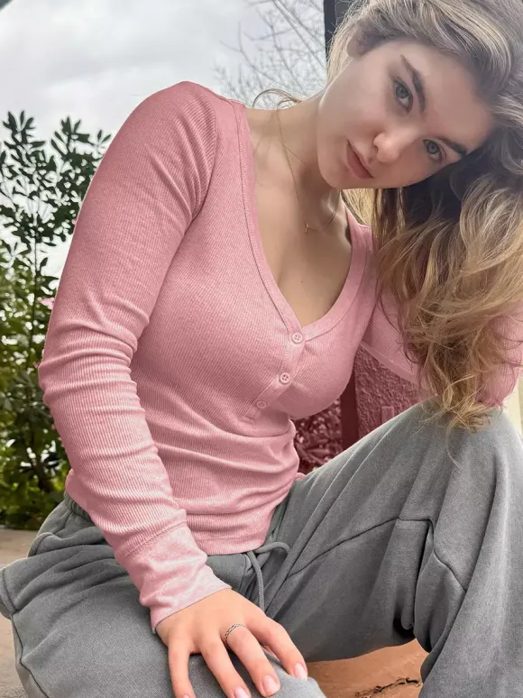 Ribbed Henley Shirt Top For Women - Casual V-Neck Long Sleeve Slim Fit Button Front Jersey Tee - Spring Daily Wear 2026