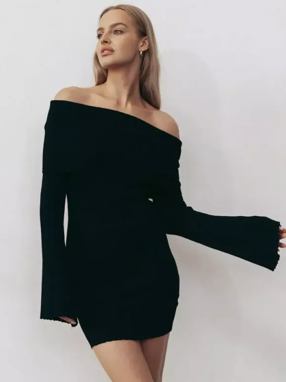 Ribbed Knit Off Shoulder Bodycon Mini Dress For Women 2026