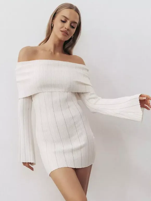 Ribbed Knit Off Shoulder Bodycon Mini Dress For Women 2026