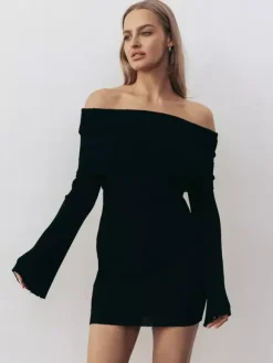 Ribbed Knit Off Shoulder Bodycon Mini Dress For Women 2026