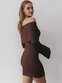 Ribbed Knit Off Shoulder Bodycon Mini Dress For Women 2026