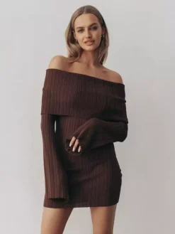 Ribbed Knit Off Shoulder Bodycon Mini Dress For Women 2026