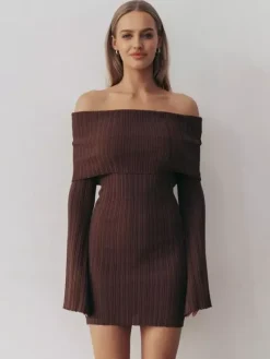 Ribbed Knit Off Shoulder Bodycon Mini Dress For Women 2026