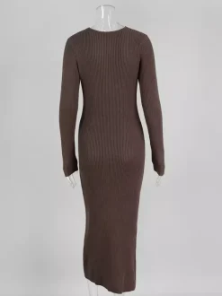 Ribbed Knit V-Neck Slim Fit Long Sleeve Bodycon Maxi Sweater Dress For Women 2026